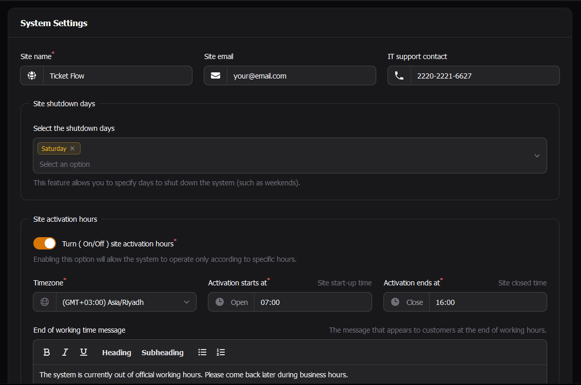 Screenshots system settings
