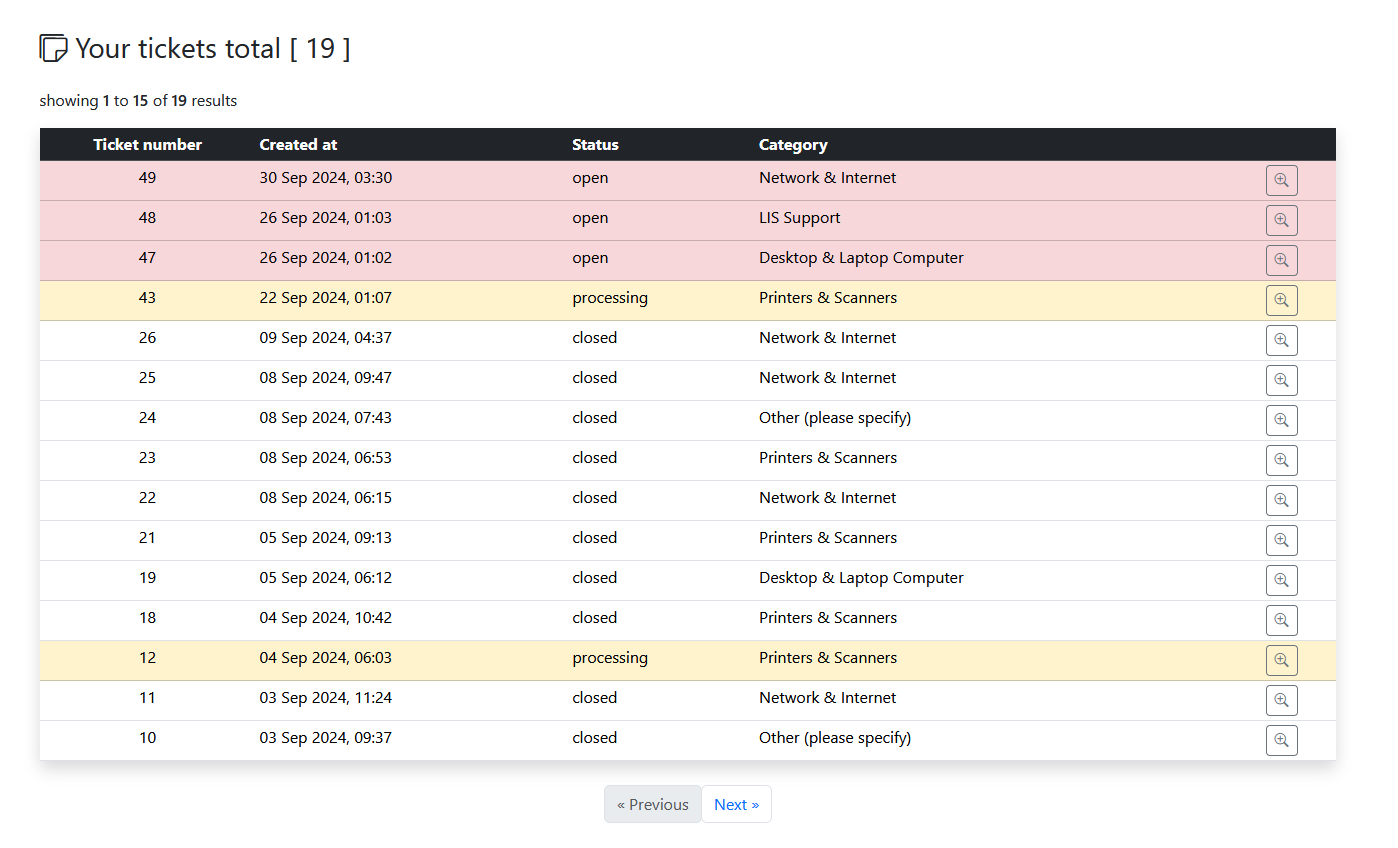Screenshots user tickets